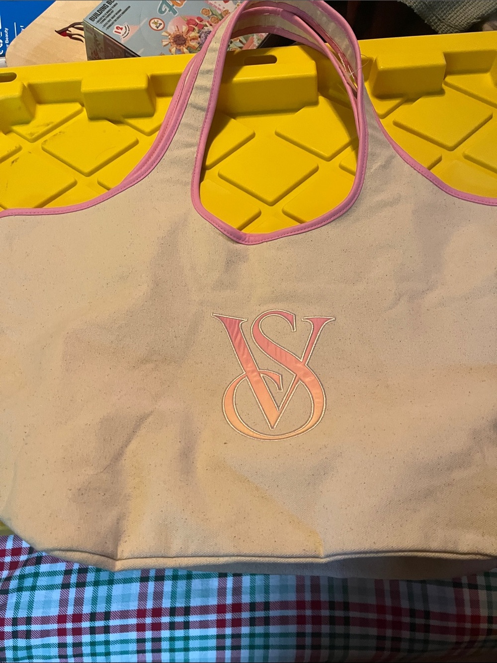 Victoria's Secret Beige Canvas Tote with Pink Trim